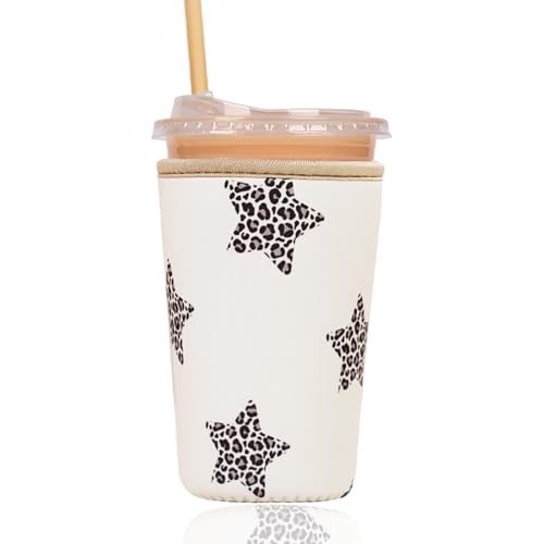 Image of Reusable Insulated Sleeve for Iced Coffee Cup, Coffee Neoprene Sleeve for Cold & Hot Drinks, Beverage Holder for Iced Coffee (Leopard Stars, Medium: 22-24oz)