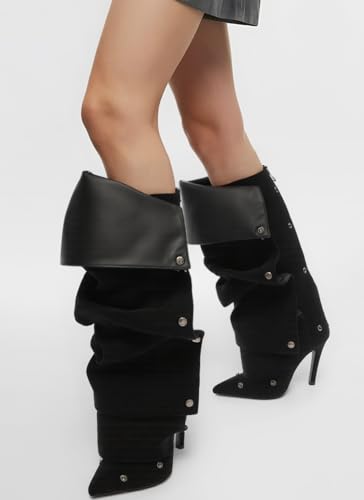 Image of Women's Knee High Shark Boots Pointed Toe High Heels Ruched Stiletto Slouchy Party Boots Detachable Snap-off Panel
