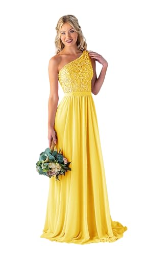 Image of LANGKAAO Women's One Shoulder Bridesmaid Dresses Long for Wedding with Pockets Lace Bodice A-Line Chiffon Formal Party Gown