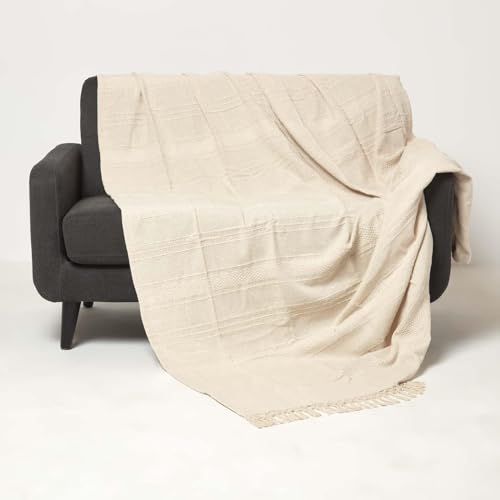 Homescapes Kashi Tagesdecke Creme 225x255 cm, Baumwolldecke mit Fransen, Überwurfdecke Sofa oder Bett