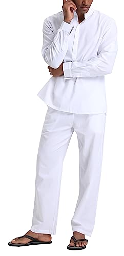 Men's Linen Sets Henley Shirts 2 Piece Vacation Outfits Beach Clothes Casual Suit Long Sleeve Shirt Yoga Pants Summer4