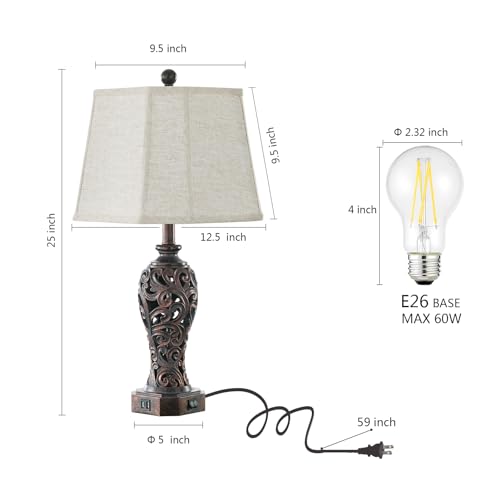 Reyokale FBA-8915 Set Of 2 Farmhouse Table Lamps For Living Room, Rustic Vintage Nightstand Lamp With 2 Usb Port, Bronze Resin Lamps thumb #5
