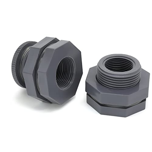 Zorveiio 1/2 Inch PVC Bulkhead Water Tank Connector Adapter Fitting with Plugs for Rain Barrels Aquariums Ponds(2 Pack)