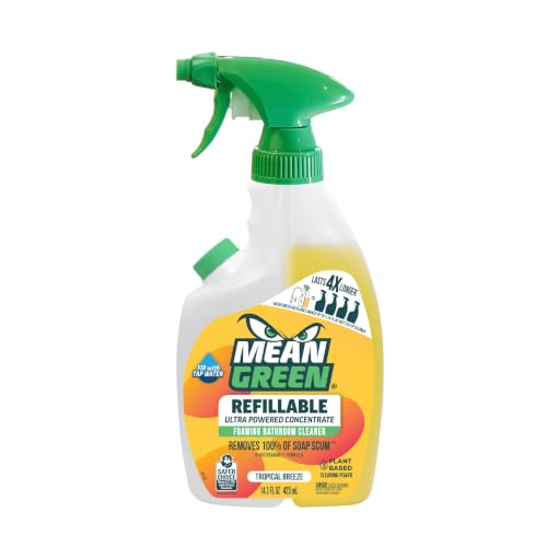 Image of Mean Green Refillable Ultra Powered Bathroom Cleaner Concentrate, Tropical Breeze, 14.3 fl oz - Plant & Mineral Based, Removes 100% of Soap Scum, Refillable Bottle Makes 4X Refills