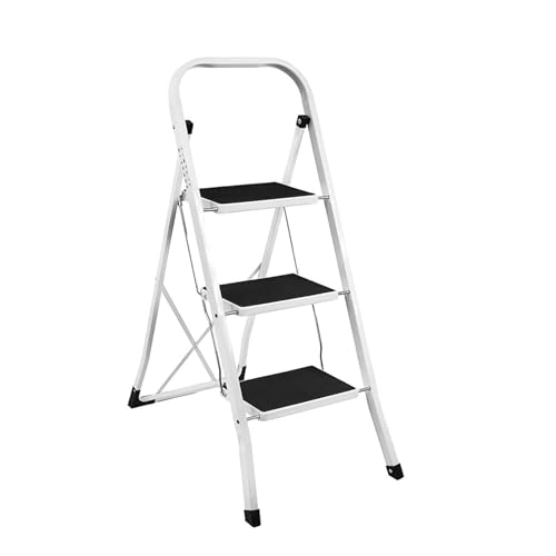 SG Traders 3 Step Ladder Folding Heavy Duty Steel Ladder Reach New Heights With Safe Durable Anti Slip Wide Tread Portable Mat Step Ladders Reliable Elevation Solution For Indoor Outdoor Stool (White)