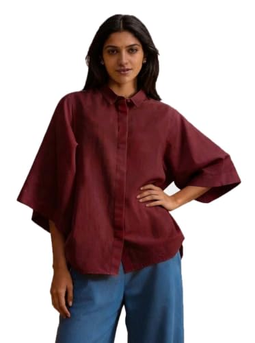 Image of Shirt for Women | Casual Button Down Long Sleeve Blouse | Oversized Striped Loose Fit Cotton Top with Pocket | Trendy Collar Aesthetics & Streetwear Tunics(34-S-1-5)