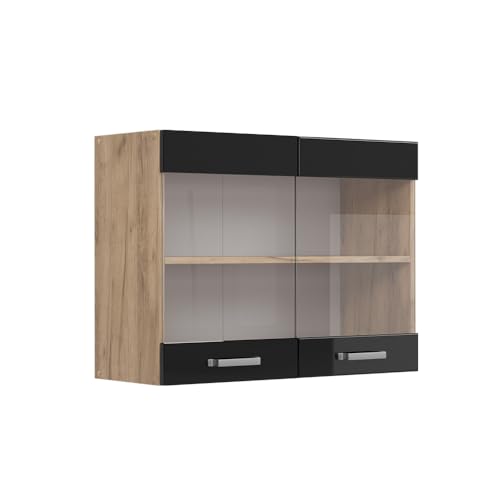 Vicco Armoire en Verre R-Line, Noir Haute Brillance, 80cm, pour Une Combinaison Libre au Sein de systèmes de Cuisine modulaires