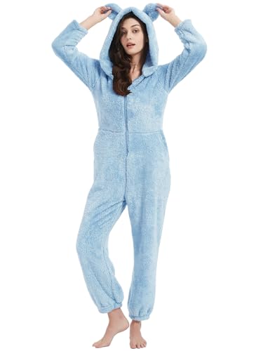 Flygo One Piece Pajamas for Women Adult Onesie PJ Warm Flannel Homewear Sleepwear(Blue-M)