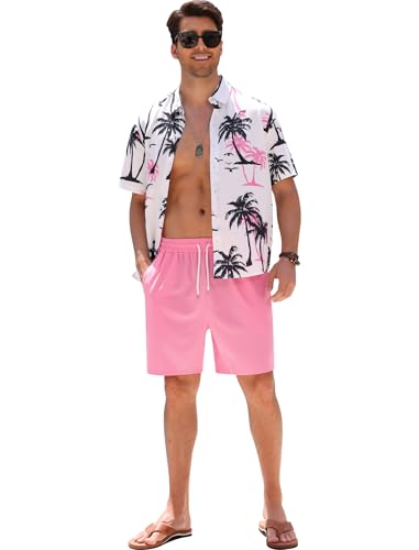 Mens hawaiian outfit 2 Piece Tropical Print Short Sleeve Button Down Shirt and Beach Shorts Summer Set