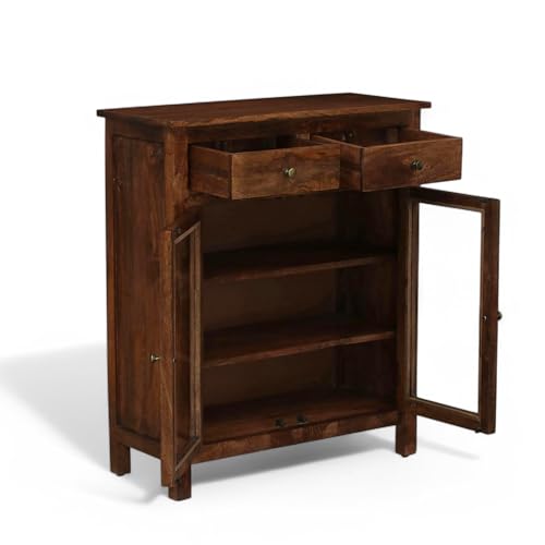 Image of Solid Wood Madrid Crockery Cabinet with Drawers | Kitchen Cabinet | Wooden Cabinet with Glass Doors | Finish- Tubaq