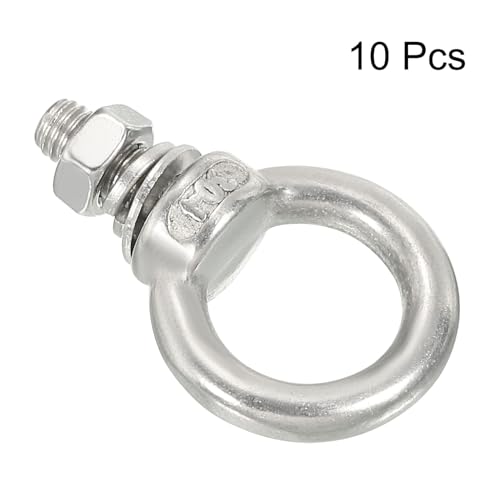 Image of uxcell M5x11 3 /16 inch x7 /16 Stainless Steel Eye Bolts Threaded Screw Eyebolt Shoulder Ring with Nuts Washers for Lifting Hanging, 10 Set