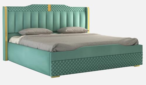 Image of MODESTY WOODS Cozy Upholstered Queen Size Bed with Box Storage for Bedroom | Elegant Wooden Double Bed with Storage | Platform Cot Palang with Upholstery Headboard | 6.5 x 5 Ft | Sheesham Wood, Green