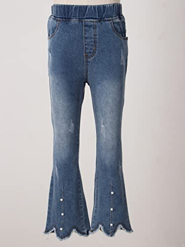 FEESHOW Girls Kids Tassel Irregular Hem Flare Jeans Bell Bottom Youth Vintage High Waist Fitted Stretchy Denim Pants3