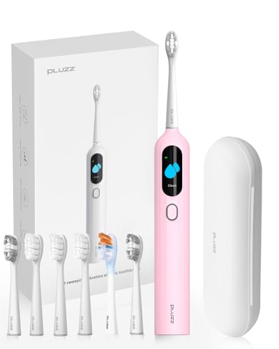 【2025革新・スイープ振動技術】PLUZZ EB1 音波電動歯ブラシ 6つの交換用ブラシヘッド付き 3モード切替 スマートディスプレイ搭載 25,000回/分 歯茎ケア 旅行用 贈り物対応 収納ケース付き (ピンク, EB1)