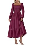 Picture of BTFBM Women Maxi Fall Dresses 2025 Long Sleeve Solid Color Square Neck Smocked Boho Long Wedding Guest Dress(Wine Red,Large)