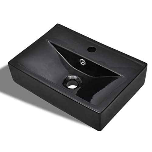 Qnhdfrt Lavabo de cerámica negro rectangular 465 x 320 x 115 mm, superficie brillante con rebosadero y orificio para grifo, diseño moderno para baño, invitados, inodoro y camping