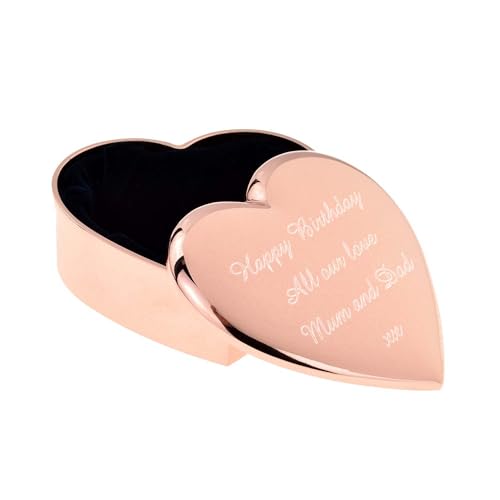 Personalised with an Engraved Message, Rose Gold Plated Heart Shaped Metal Trinket Box, Velvet Lined