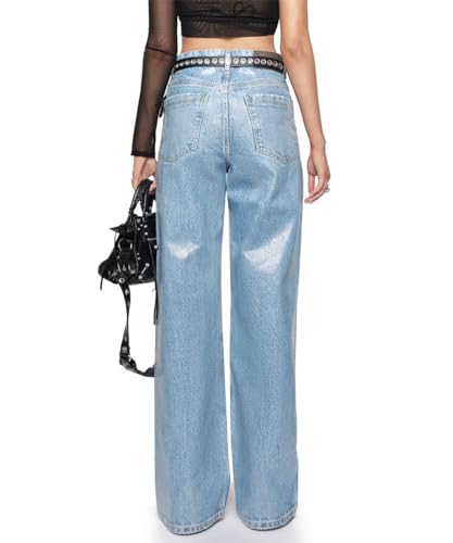 Womens Metallic Straight Jeans High Rise Silver Denim Shiny Party Rave Trousers Denim Pants3
