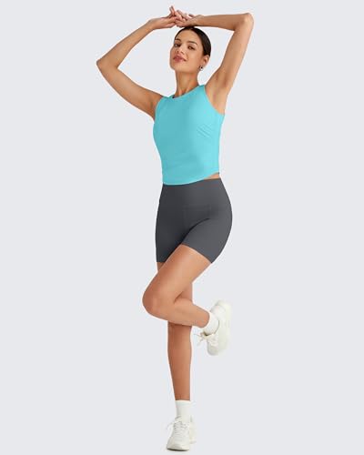 Image of G4Free Skimetic Workout Tank Tops for Women Side Ruched Sleeveless High Neck Crop Top Summer Athletic Gym Shirts