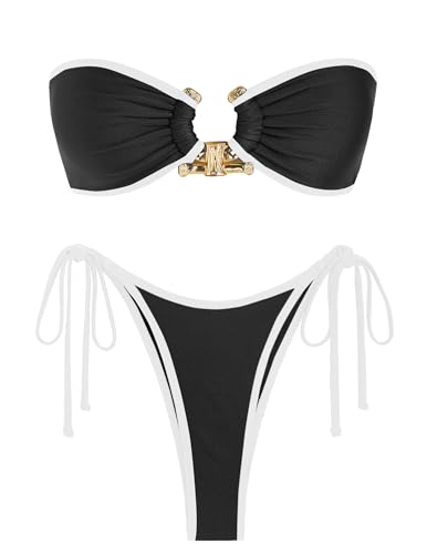ZAFUL Metal Ring Bandeau Bikini Set Tie Side Bathing Suit High Cut 2 Piece Swimsuit Cutout Swimwear