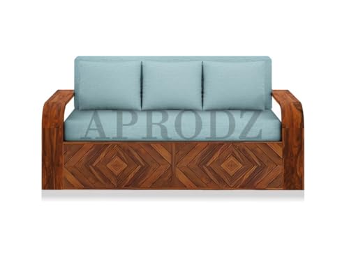 Image of APRODZ Solid Wood Sofa Cum Bed 3 Seater Velevt Fabric with Two Cushions Perfect Sofa Furniture for Home Living Office Room and Guests (Honey Finish 75x69x30-Inch)
