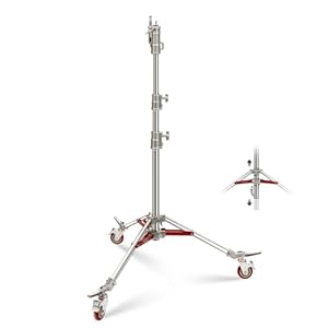 NEEWER Heavy Duty Stainless Steel Light Stand with Casters, 1-1/8″ Junior Receiver, Spring Loaded 5/8″ Baby Stud, Max Load 77lb, 7.9ft/240cm Junior Wheeled Stand for Studio Softbox Reflector, ST240SS