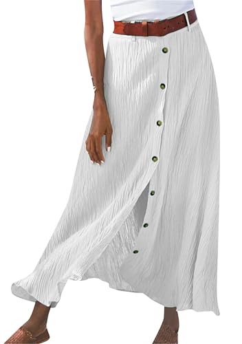 GRASWE Womens Button Front High Waist Casual Maxi Skirt Work Office Cotton Linen Long Skirt Loose A Line Skirt