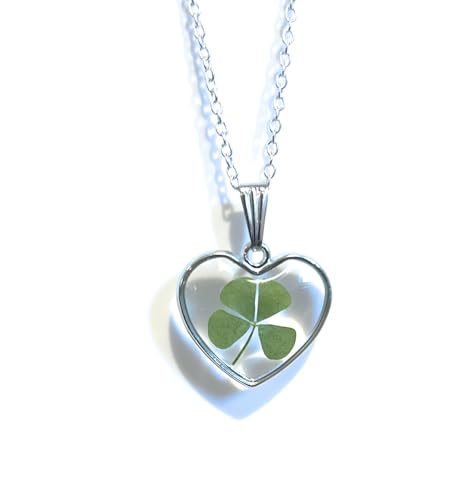 Image of Cotswold Crafts By Emma Handmade Heart Shaped Four Leaf Clover Silver Plated Necklace, 46cm Chain Perfect Good Luck Christmas stocking filler