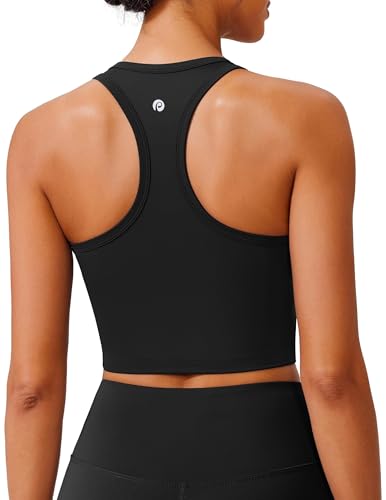 PINSPARK Sport BH Damen ohne Bügel Gepolstert Bustier mit Abnehmbaren Cups Racerback Push Up Sport Bra Atmungsaktiv Bralette Nahtlose Crop Tops Joggen Yoga Fitness Schwarz M
