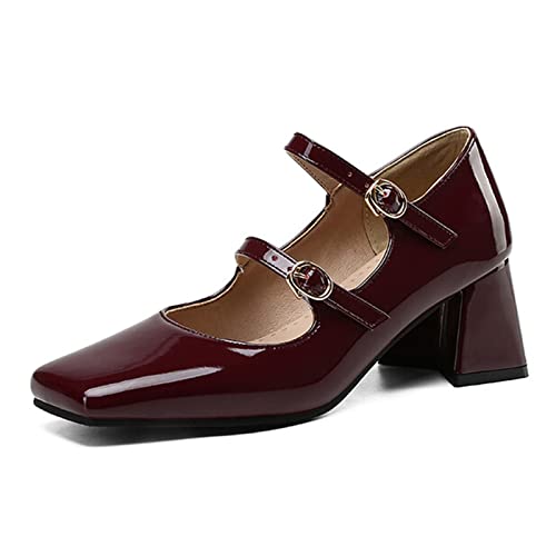 Alyaafifa Comfortable Block Low Heel Pumps for Women Square Closed Toe Dress Shoes Patent Leather Office Lady Party Event Prom Working Business