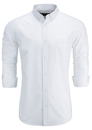 Emiqude Men's 100% Oxford Cotton Slim Fit Long Sleeve Button Down Solid Dress Shirt XL White