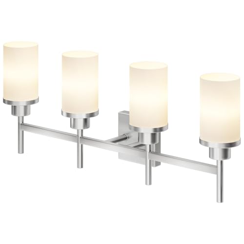 AONEON 4-Light Vanity Lighting Fixtures with White Frosted Glass Shade, Brushed Nickel Bathroom Wall Lamps Over Mirror for Bath Restroom Kitchen T001BR-L4