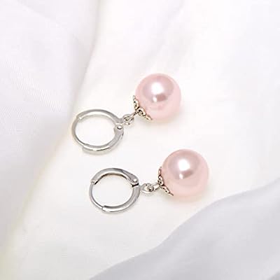 Paialco 12mm Faux Pearl Earrings Leverbacks Hypoallergenic Ball Dangle Hoop Earrings for Women, Pink