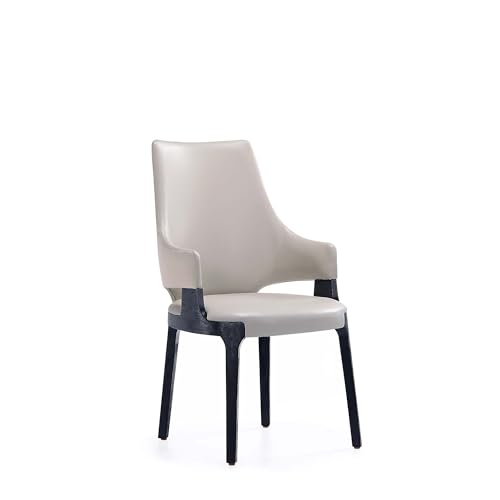 Manhattan Comfort Kara Modern Dining Chairs with Arms, Leatherette & Velvet Upholstery, Solid Beech Wood Frame, Commercial Grade, Fully Assembled Kitchen Furniture, Set of 1, Light Grey