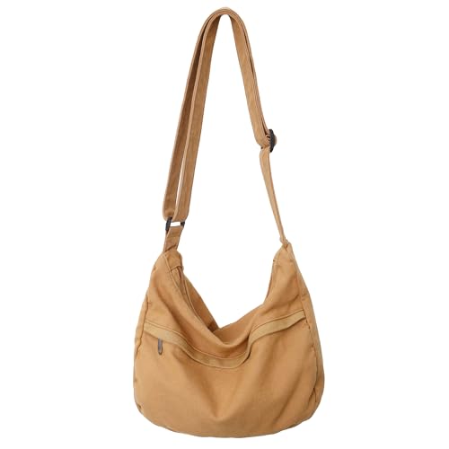 Image of Canvas Messenger Bag Large Hobo Crossbody Bag with Zipper Casual Shoulder Tote Handbag for Women and Men