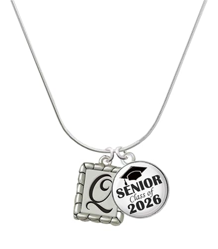 Delight Jewelry Silvertone Pebble Border Initial - Q Senior Class of 2026 Dome Necklace, 18"