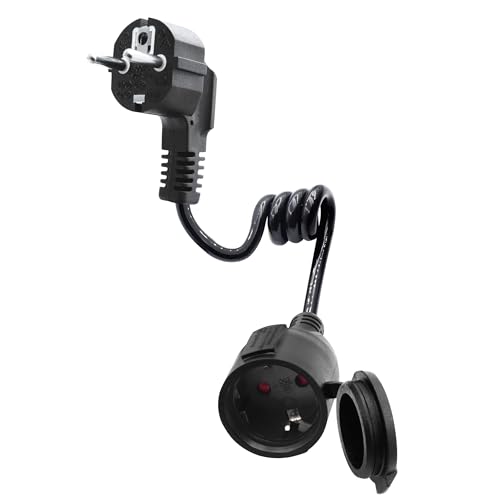 LANMINGLEL Rallonge Schuko Câble Spirale, Rallonge Spiralée à Contact de Protection, Câble d'extension Schuko, 3x1,0 mm² 5A 230V IP44, pour la Maison, Le Bureau, l'extérieur (Noir- 90 degrés, 0.5)
