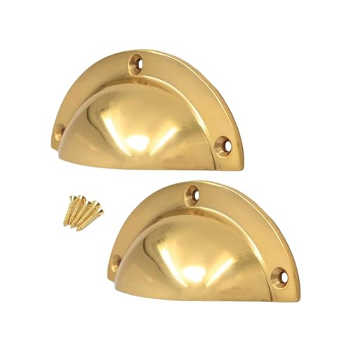 SISI UK Polished Brass 85mm Door Cabinet Cup Shell for Pull Handle Kitchen Cupboard Brass Bin Cup Handles Drawer Shell Cup Pulls Pack of 2.