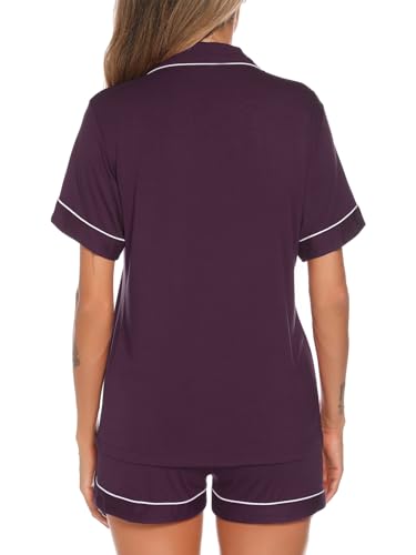 Image of Aamikast Button Up Pajama Set for Women Shorts Short Sleeve Knit Sleepwear 2 Pice Pjs Sets