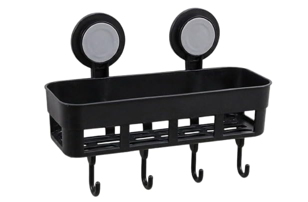 Plastic Bathroom Shelf Organizer with Heavy Duty Suction Cups | No-Drill Wall Mounted Shower Caddy with 4 Hanging Hooks for Shampoo, Soap & Loofah (Black, Pack of 1)-image-49