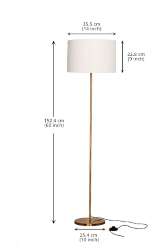 Image of Divine Trends Floor Lamp Standing Antique Brass Finish 5Ft Height with 14 Inches Drum Shade Off White for Living Room Corner, Home, Hotel, Office Pack of 1 - Led Bulb Included