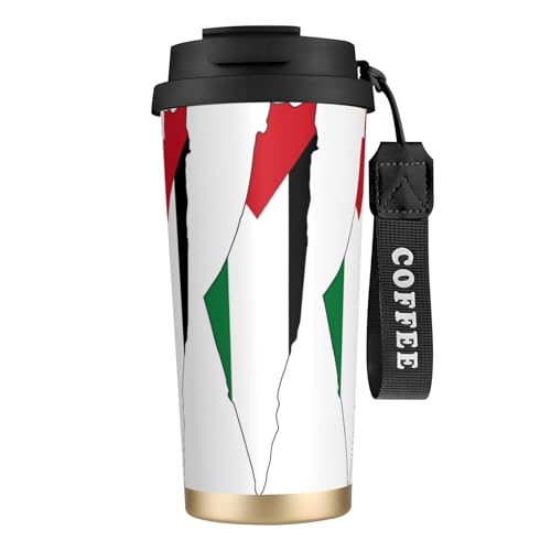Tasse à café en acier avec couvercle anti-fuite, motif carte du drapeau de la Palestine, tasse portable pour garder au chaud/glace