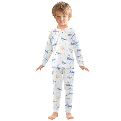 Aircraft Stars Pattern Cute Pajama Sets Long Sleeve Top and Pants, Snug Fit Sleepwear for Night Wears3