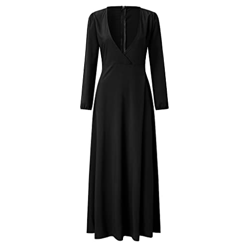 فستان طويل انيق للنساء بقبة V واكمام طويلة لحفلات الزفاف والمناسبات الخاصة من ريوكس (مقاس XL، اسود)