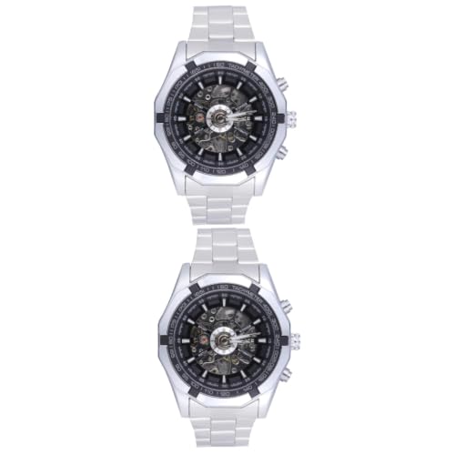Beavorty 2 Pièces Montre Automatique Mécanique Vintage pour Homme Design de Squelettique Rond Bracelet Acier Inoxydable Modèle Winner Couleur Noire Étanche Jusqu à Confortable à Porter