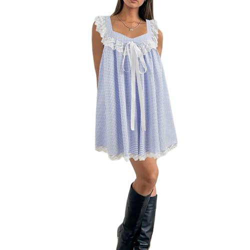 Image of NUFIWI Y2K Ruffle Hem Babydoll Mini Dresses Square Neck Spaghetti Strap Short Dresses Boho Flowy Patchwork Sundress Vocation