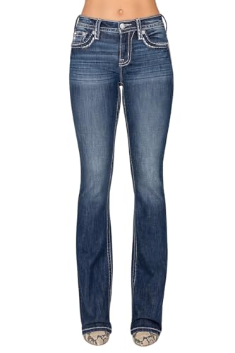 Miss Me Women's Mid-Rise Bootcut Jeans, Blue and White Stitch Border with Faux Flap Pockets, Bootcut Stretch Denim Jeans