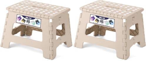 Image of Delxo Folding Step Stool,9 Inch Lightweight Plastic Stepstool,Portable Collapsible Foldable Step Stool Non Slip Folding Stools for Kitchen Bathroom Bedroom in Khaki,2 Pack