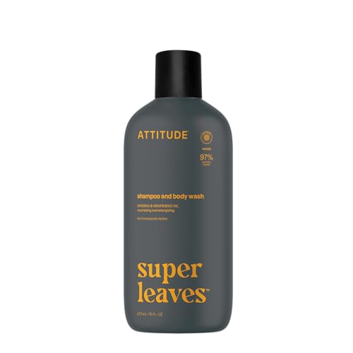 ATTITUDE 2-in-1 Body Wash and Hair Shampoo, EWG Verified Shower Gel, Dermatologically Tested, Made with Naturally Derived Ingredients, Vegan Personal Care, Ginseng and Grapeseed Oil, 16 Fl Oz