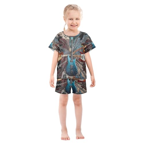 ALAZA Electric Guitar Music 3d Stylish Pajamas Set Short Sleeve Cotton Sleepwear Summer Pjs 2 Piece 5-14Y3